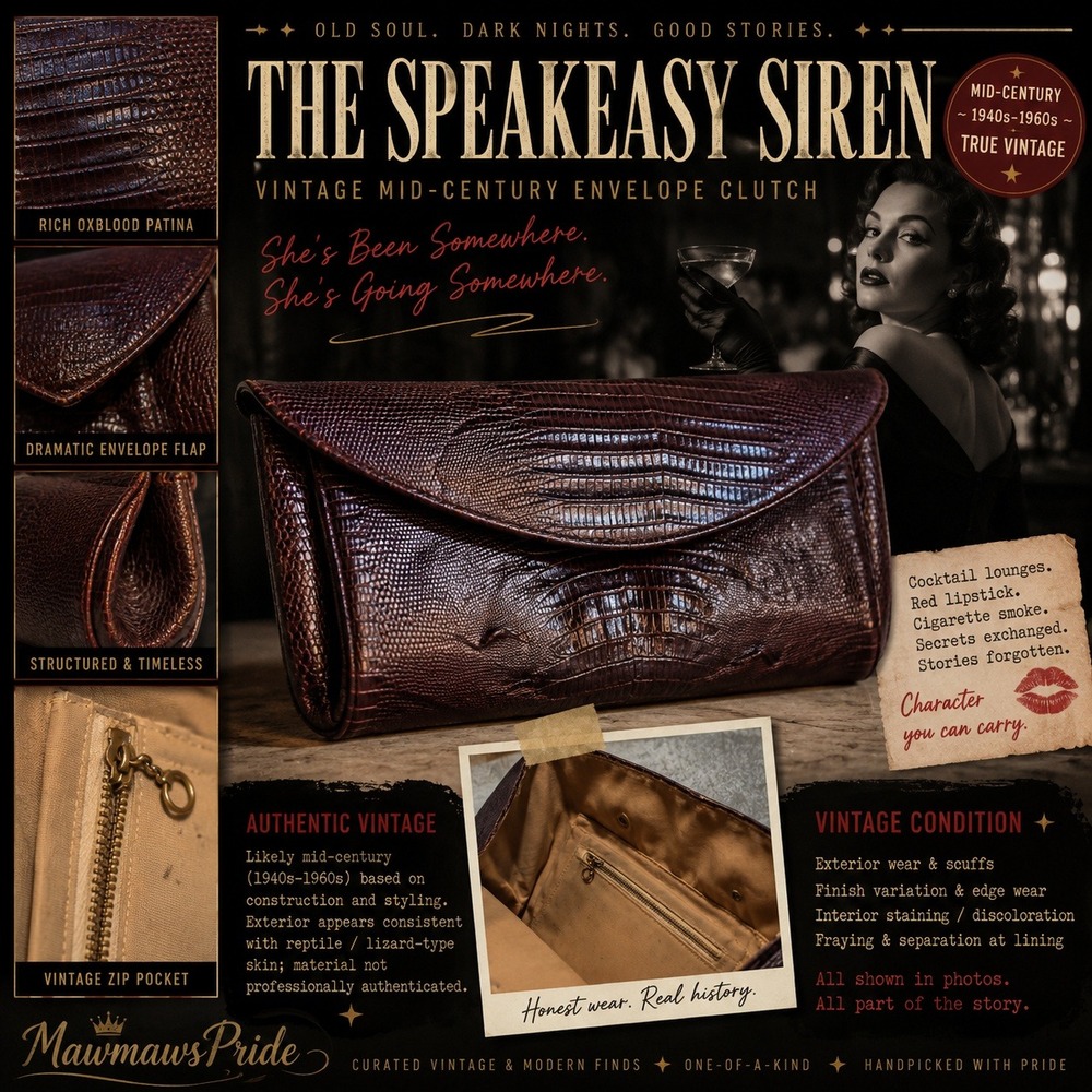 THE SPEAKEASY SIREN
Vintage Mid-Century Oxblood Reptile-Texture Envelope Clutch